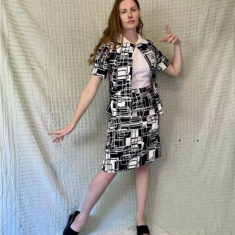 Vintage 60s Mod Black & White Geometric Print Dress Jacket Set by Rona size M - Picture 2 of 15